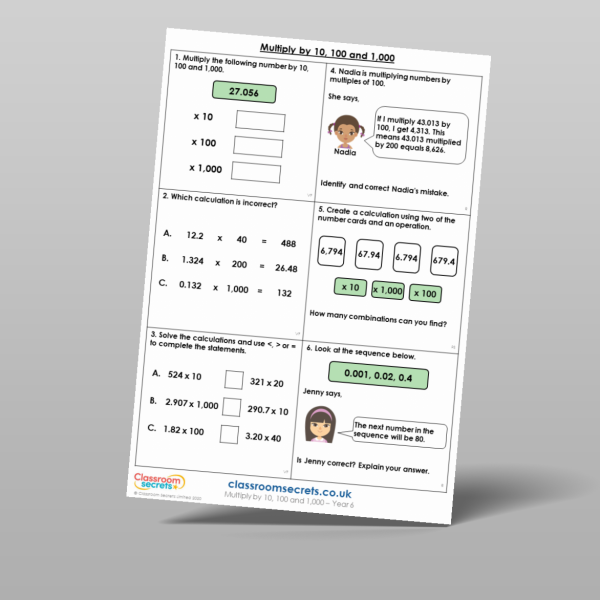 Year 6 Multiply By 10 100 And 1 000 Mixed Activity Resource | Classroom ...