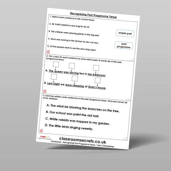 An image of the Recognising Past Progressive Tense Homework Resource