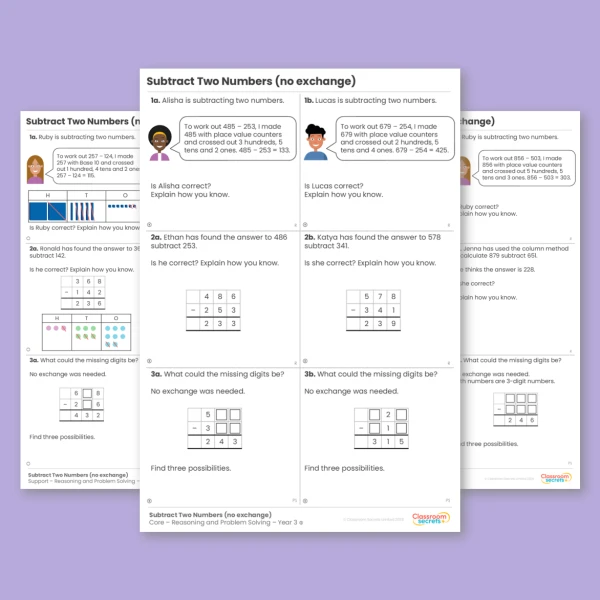 Year 3 Subtract Two Numbers (no exchange) Addition and Subtraction Reasoning and Problem Solving
