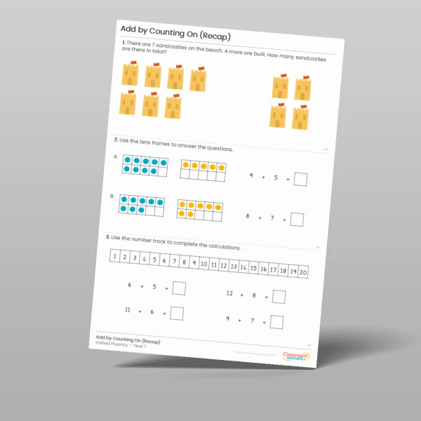 An image of the Add by Counting On (Recap) Varied Fluency Resource