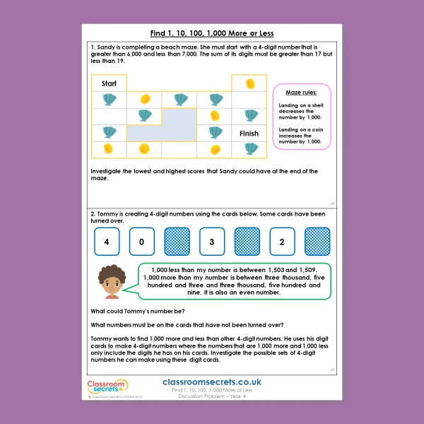 Year 4 Find 1, 10, 100, 1,000 More or Less Place Value Deeper Reasoning Discussion Problem