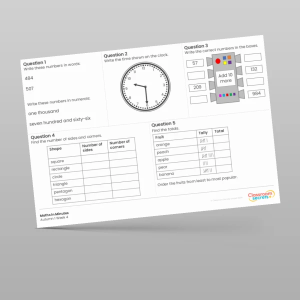 An image of the Autumn 1 Week 4 Maths in Minutes Resource