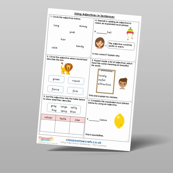 An image of the Using Adjectives in Sentences Prior Learning Resource