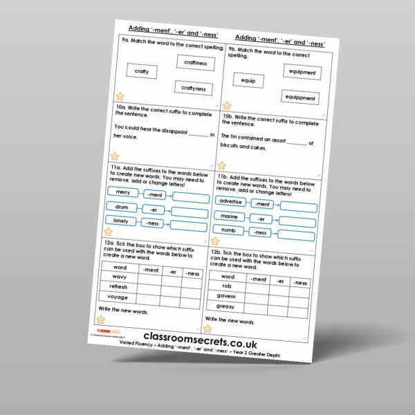 An image of the Adding '-ment', '-er' and '-ness' Varied Fluency Resource