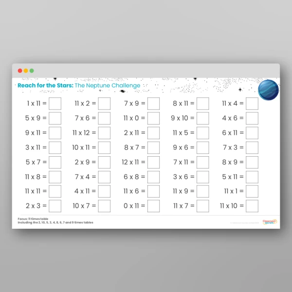 An image of the Challenge 10 Neptune 11 Times Table Resource