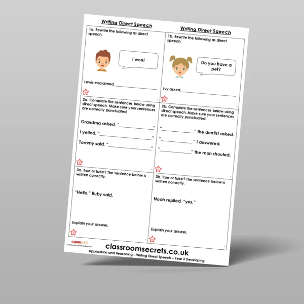 An image of the Writing Direct Speech Application and Reasoning Resource