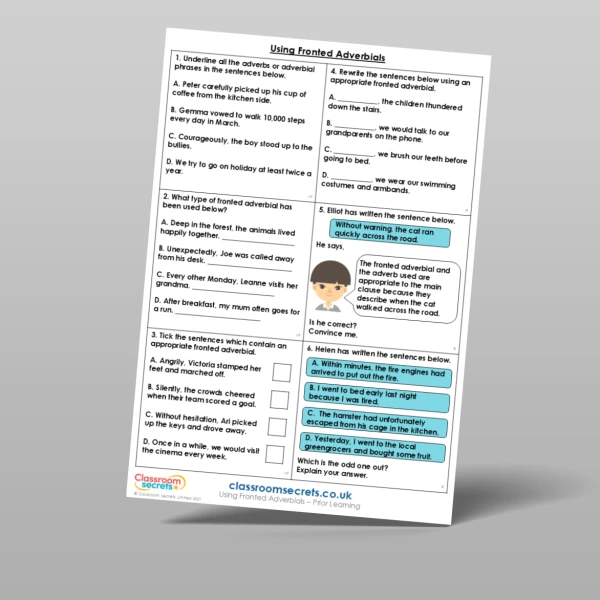 An image of the Using Fronted Adverbials Prior Learning Resource