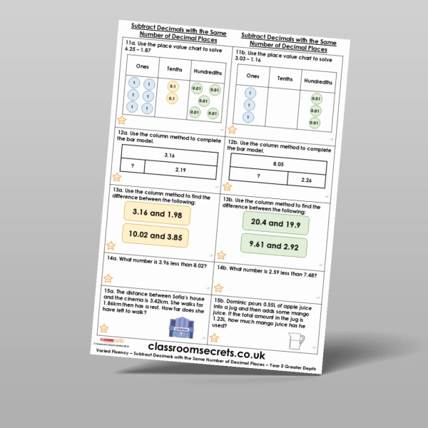 An image of the Subtract Decimals with the Same Number of Decimal Places Varied Fluency Resource