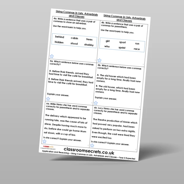 An image of the Using Commas in Lists, Adverbials and Clauses Application and Reasoning Resource