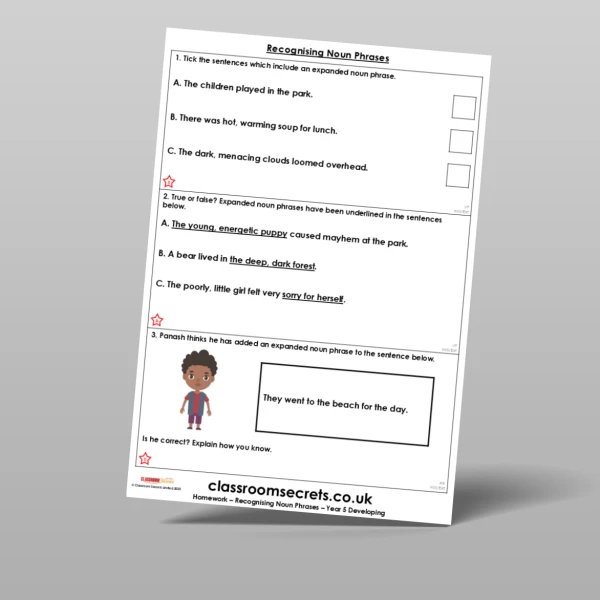 An image of the Free Recognising Noun Phrases Homework Resource