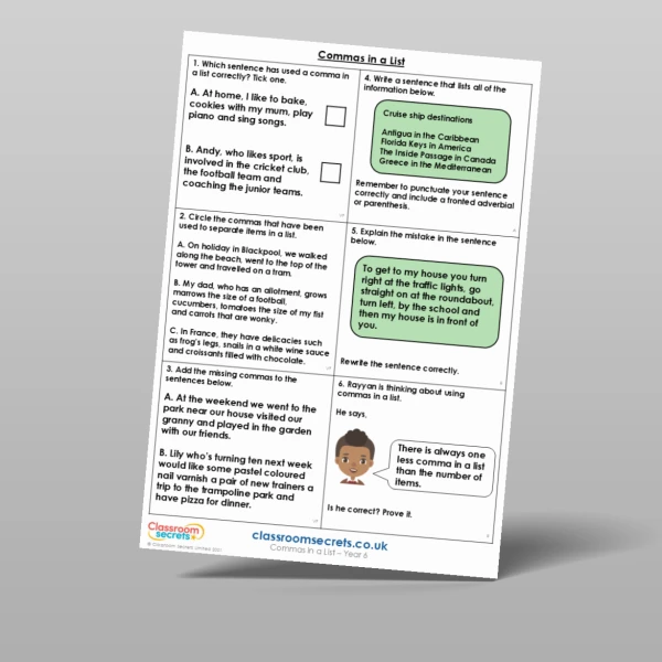An image of the Commas in a List Mixed Activity Resource