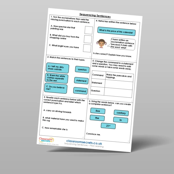 An image of the Sequencing Sentences Prior Learning Resource
