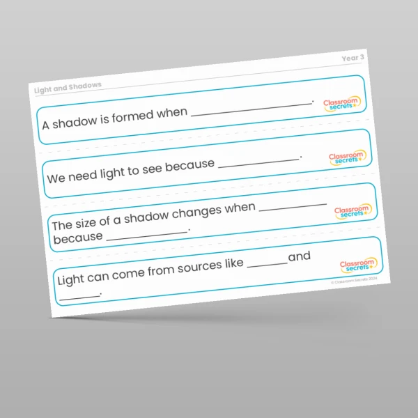 An image of the Light and Shadows Stem Sentences Resource