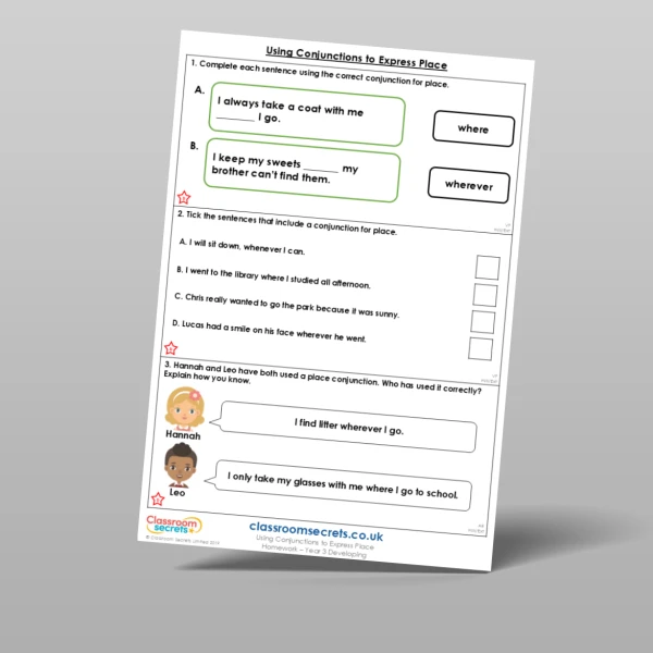 An image of the Using Conjunctions to Express Place Homework Resource