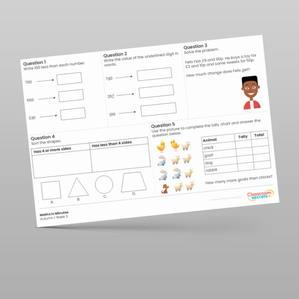 An image of the Autumn 1 Week 5 Maths in Minutes Resource