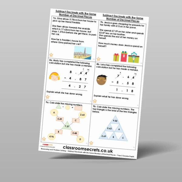 An image of the Subtract Decimals with the Same Number of Decimal Places Reasoning and Problem Solving Resource