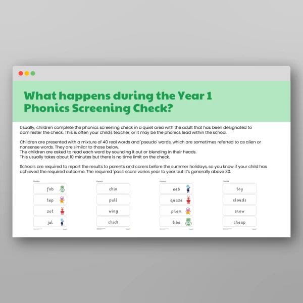 An image of the Phonics Screening Check Information for Parents Resource