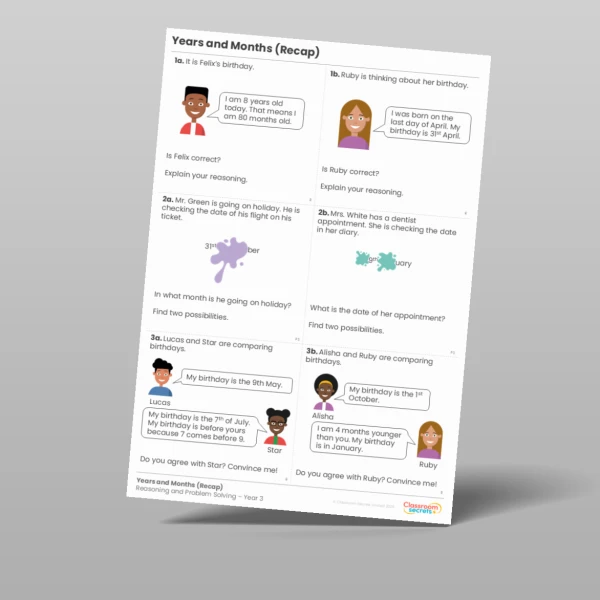 An image of the Years and Months (Recap) Reasoning and Problem Solving Resource