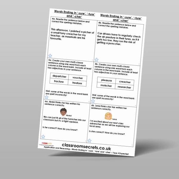 An image of the Words Ending in '-sure', '-ture' and '-cher' Application and Reasoning Resource