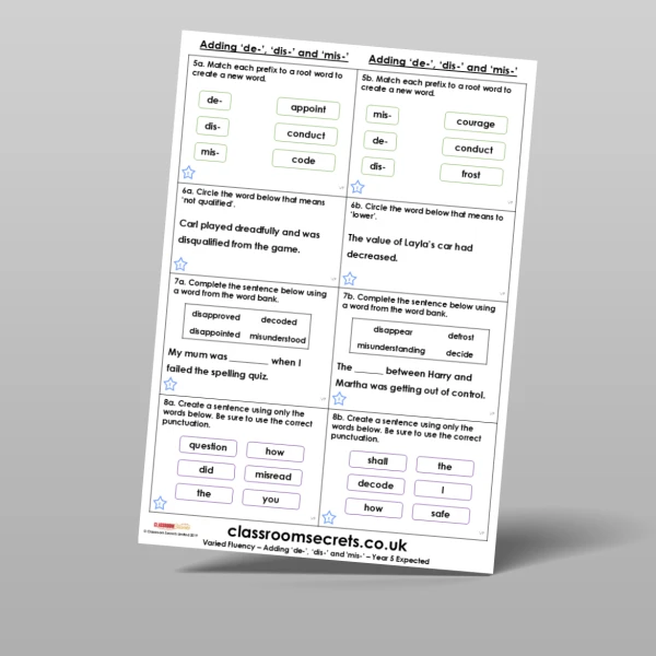 An image of the Adding 'de-', 'dis-', and 'mis-' Varied Fluency Resource