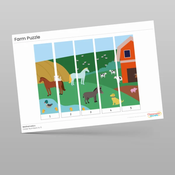 An image of the Farm Ordering Numbers Puzzle Resource
