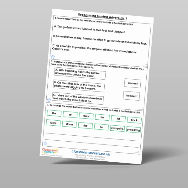 An image of the Recognising Fronted Adverbials 1 Homework Resource