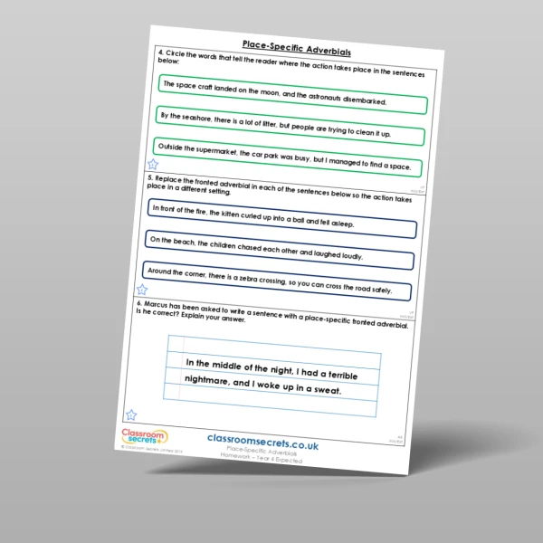 An image of the Place-Specific Adverbials Homework Resource