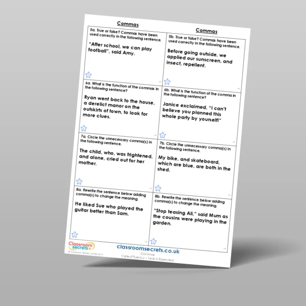 An image of the Commas Varied Fluency Resource