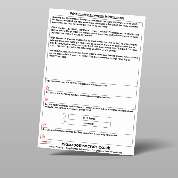 An image of the Using Fronted Adverbials in Paragraphs Varied Fluency Resource