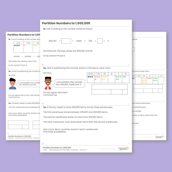 Year 5 Partition Numbers to 1,000,000 Place Value Reasoning and Problem Solving