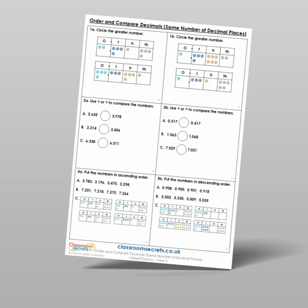 An image of the Order and Compare Decimals (Same Number of Decimal Places) Varied Fluency Resource