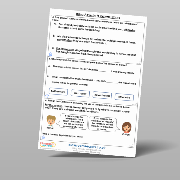 Year 3 Using Adverbs To Express Cause Homework Resource | Classroom Secrets