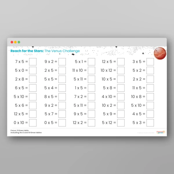 An image of the Challenge 3 Venus 5 Times Table Resource
