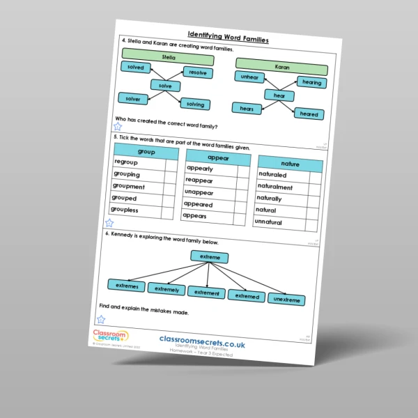 An image of the Identifying Word Families Homework Resource