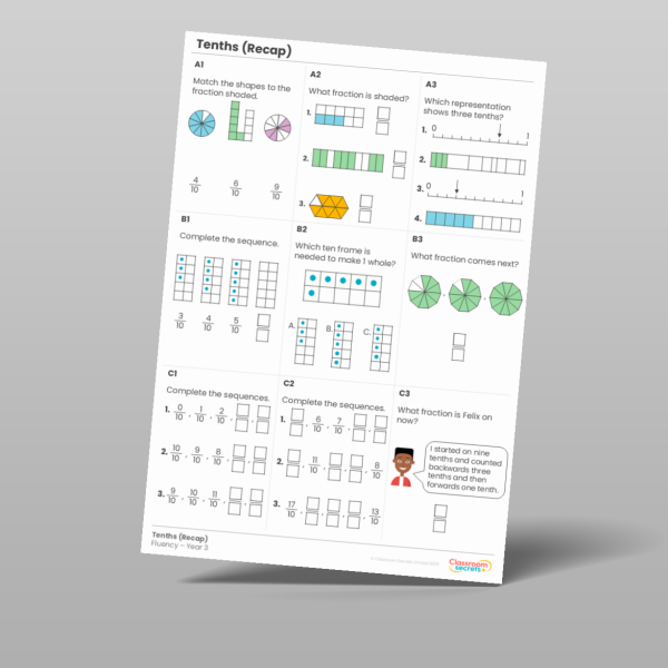 Year 3 Tenths Recap Fluency Matrix Resource | Classroom Secrets