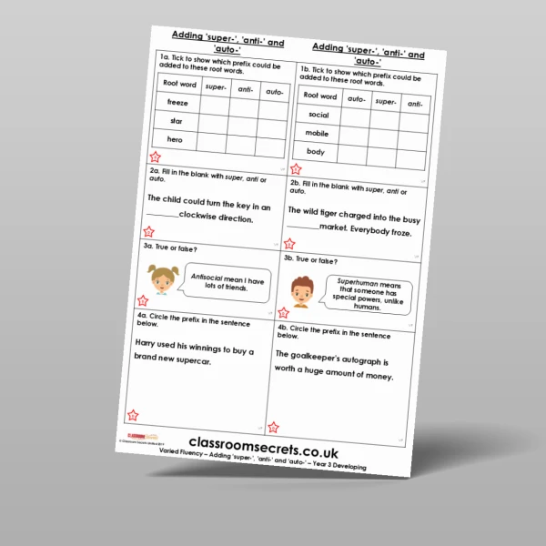 An image of the Adding ‘super-’, ‘anti-’ and ‘auto-’ Varied Fluency Resource
