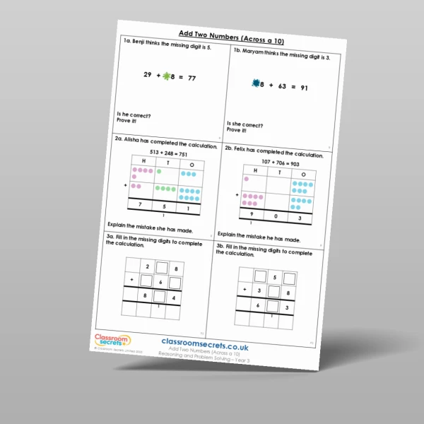 An image of the Add Two Numbers (Across a 10) Reasoning and Problem Solving Resource