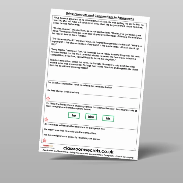 An image of the Using Pronouns and Conjunctions in Paragraphs Application and Reasoning Resource