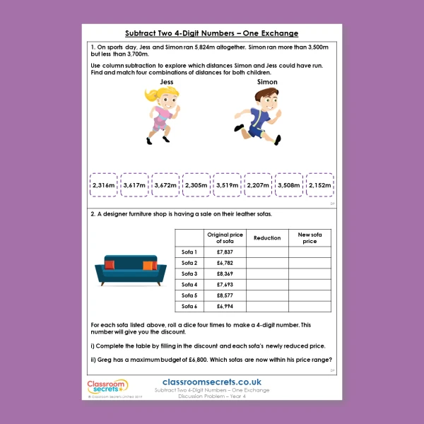 Year 4 Subtract Two 4-Digit Numbers - One Exchange Addition and Subtraction Deeper Reasoning Discussion Problem