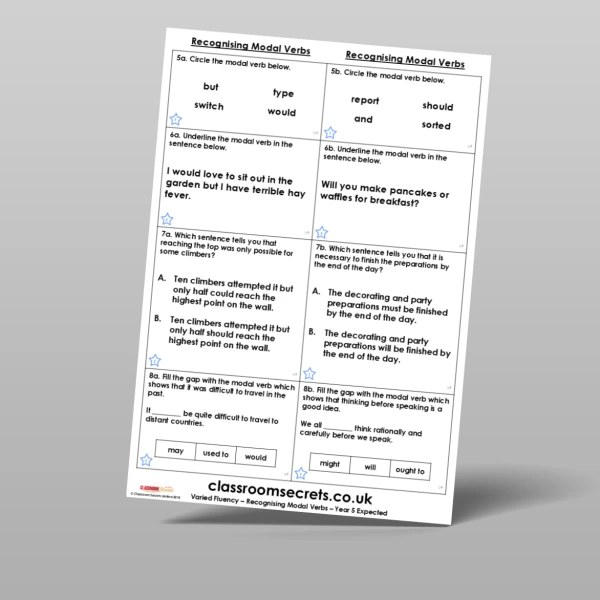 An image of the Recognising Modal Verbs Varied Fluency Resource