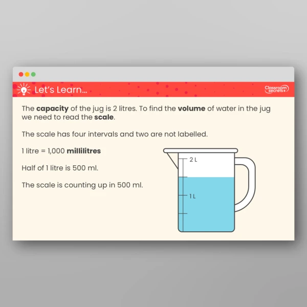 An image of the Measure Capacity and Volume in Litres and Millilitres Teaching PPT Resource