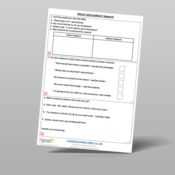 An image of the Direct and Indirect Speech Homework Resource