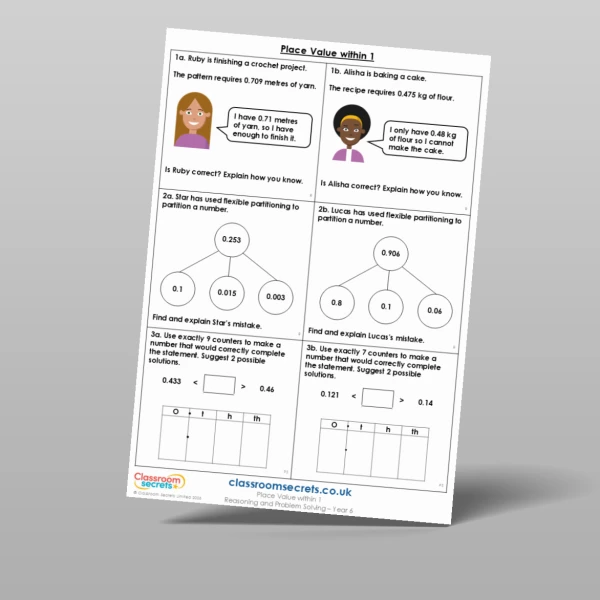 An image of the Place Value within 1 Reasoning and Problem Solving Resource