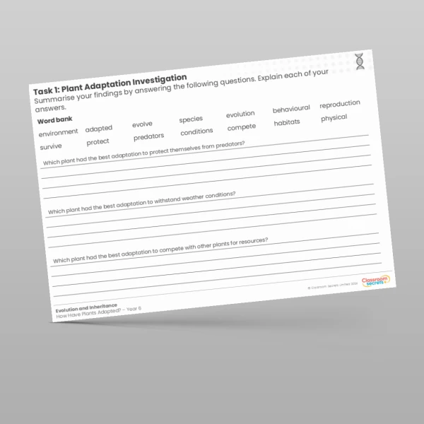 An image of the Plant Adaptation Investigation Worksheet Resource