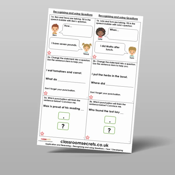 An image of the Recognising and using Questions Application and Reasoning Resource