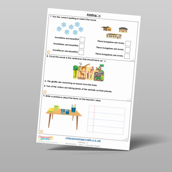 An image of the Adding '-s' Homework Resource