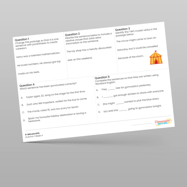 An image of the 5-Minute GPS Autumn 1 Week 4 Resource