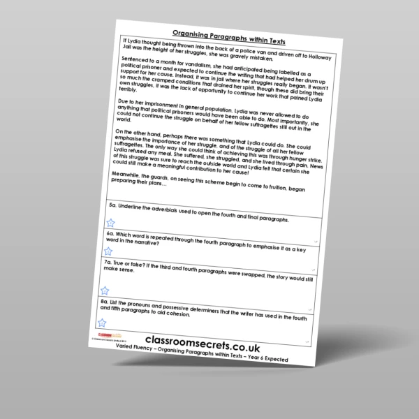 An image of the Organising Paragraphs within Texts Varied Fluency Resource