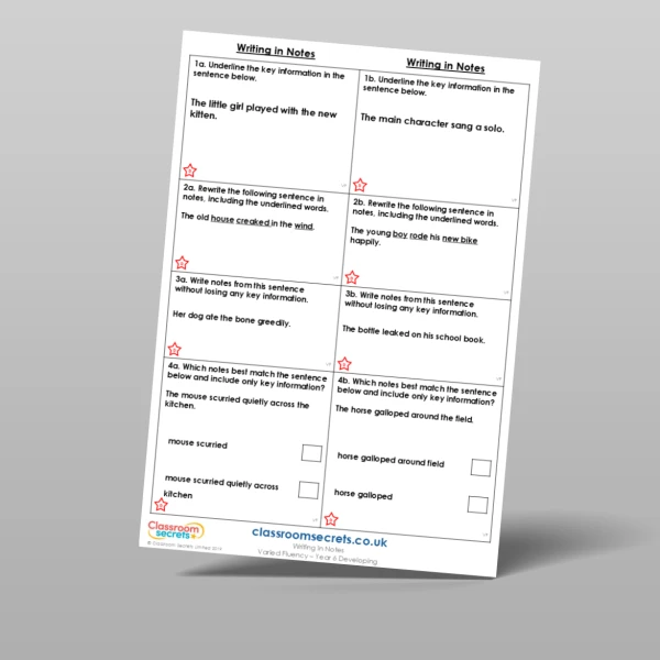 An image of the Writing in Notes Varied Fluency Resource