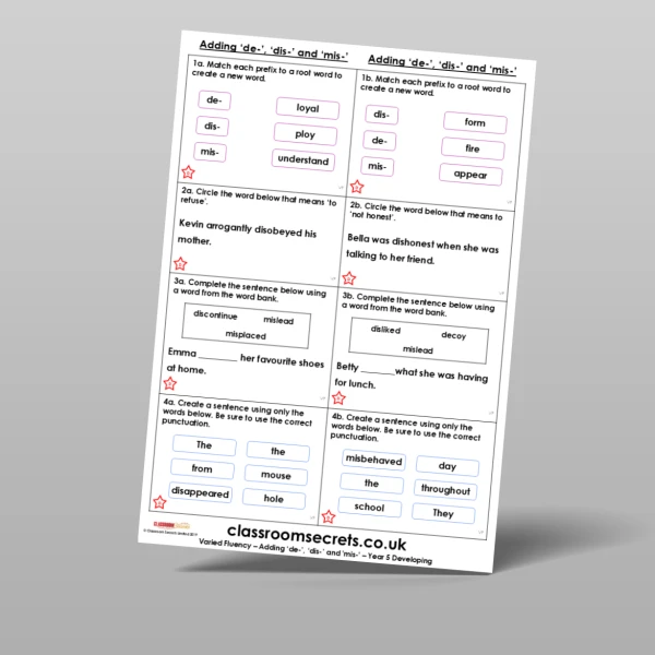 An image of the Free Adding 'de-', 'dis-', and 'mis-' Varied Fluency Resource